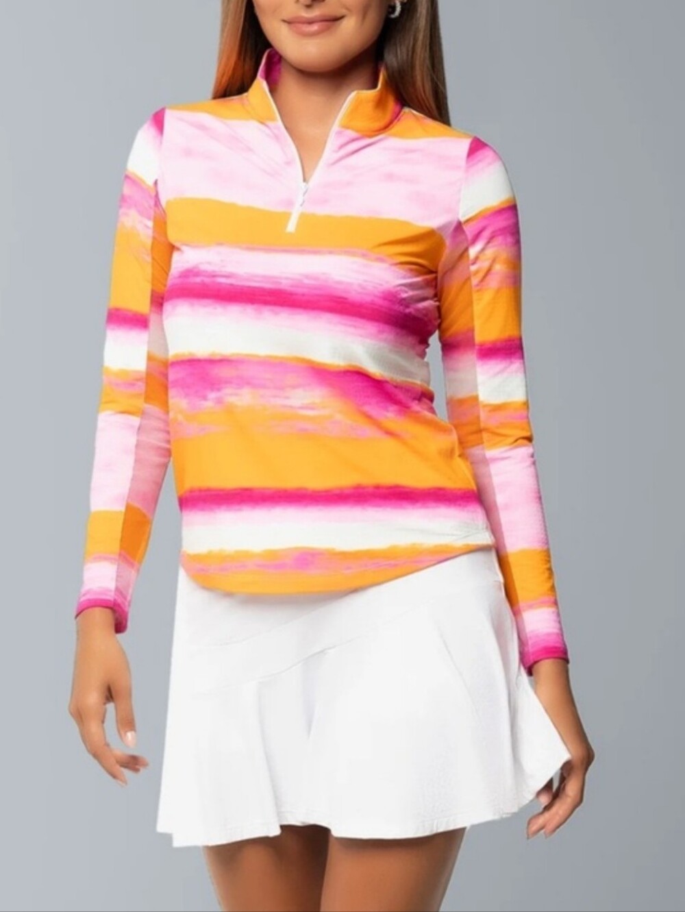 IBKUL Amy Print Pink, Orange & White Striped Long Sleeve Zip Mock Neck Top Large